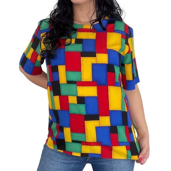 Kathy Che 80s Vintage Multicolor Abstract Short Sleeve Retro Blouse Size Medium - Picture 3 of 7